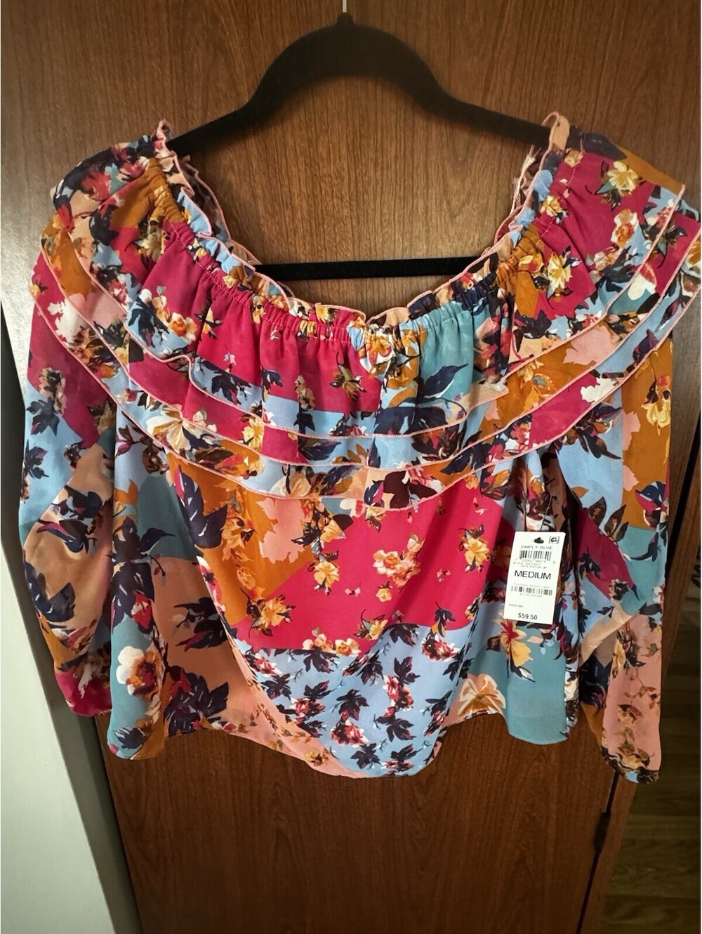 Bar III Colorful Off Shoulder Top Sz M Floral Ruffled Sheer Lined NWT